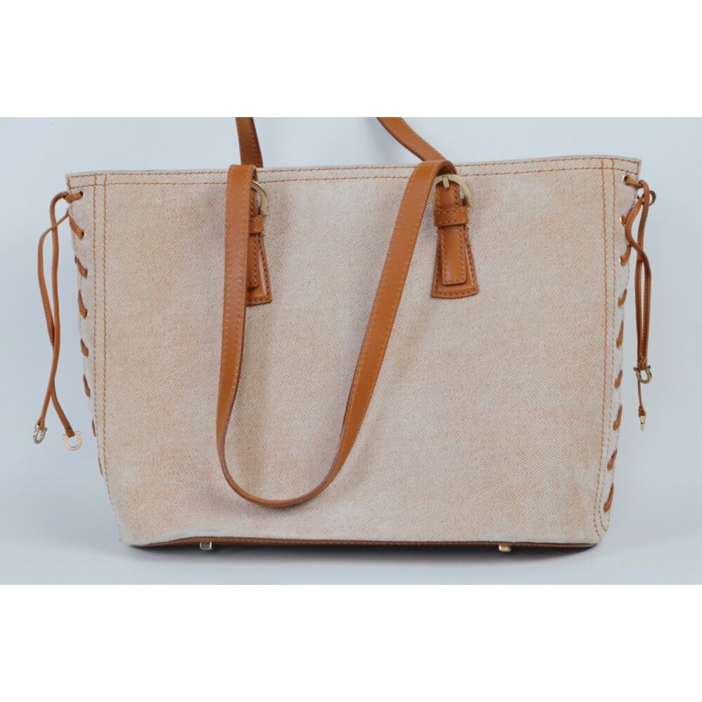 Vintage Salvatore Ferragamo Bag Tan Suede Lace Up Side Detail Leather Trim Tote